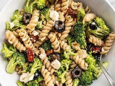 Pasta salad with broccoli and olives created by Beth Moncel of Budget Bytes