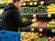 A man picking up produce at a grocery store.