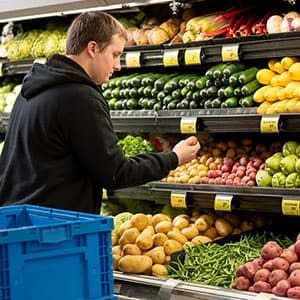 A man picking up produce at a grocery store.